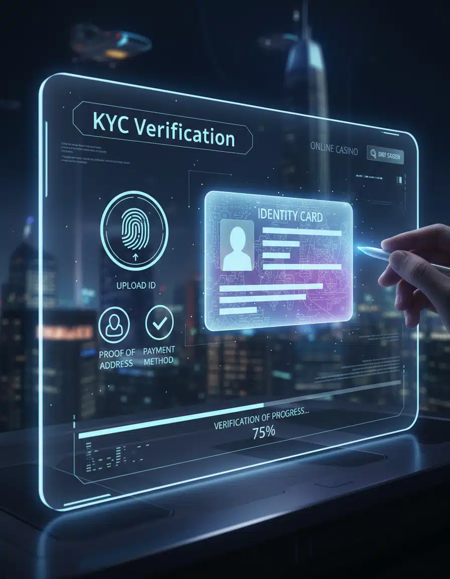 Futuristic digital interface displaying “KYC Verification” for an online casino, showing an identity card, fingerprint scan, and icons for uploading ID, proof of address, and payment method. A hand interacts with the screen using a stylus, while a progress indicator shows verification at 75%, set against a nighttime city skyline background.