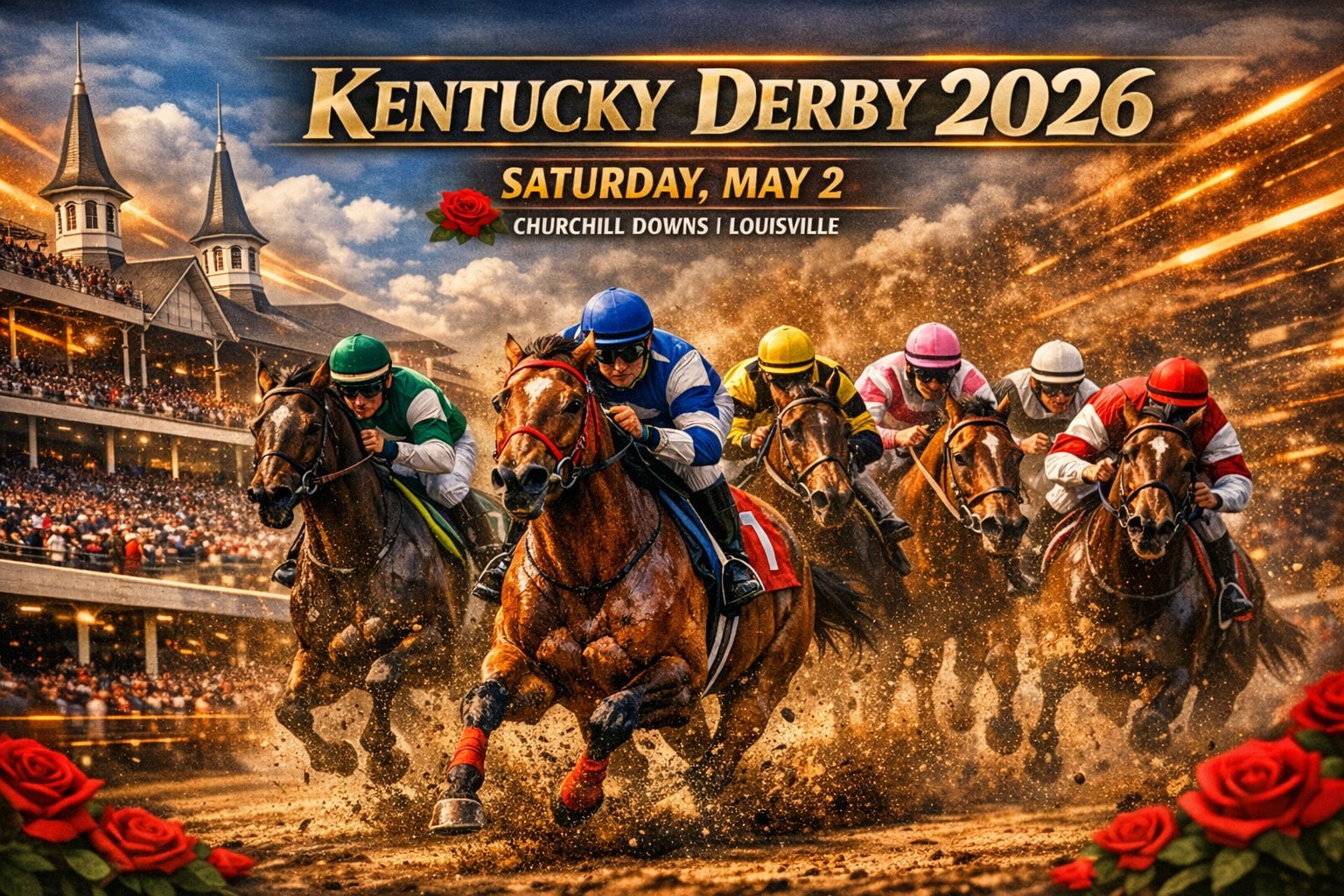 Photorealistic image with a high‑speed horse race at Churchill Downs for the 2026 Kentucky Derby.