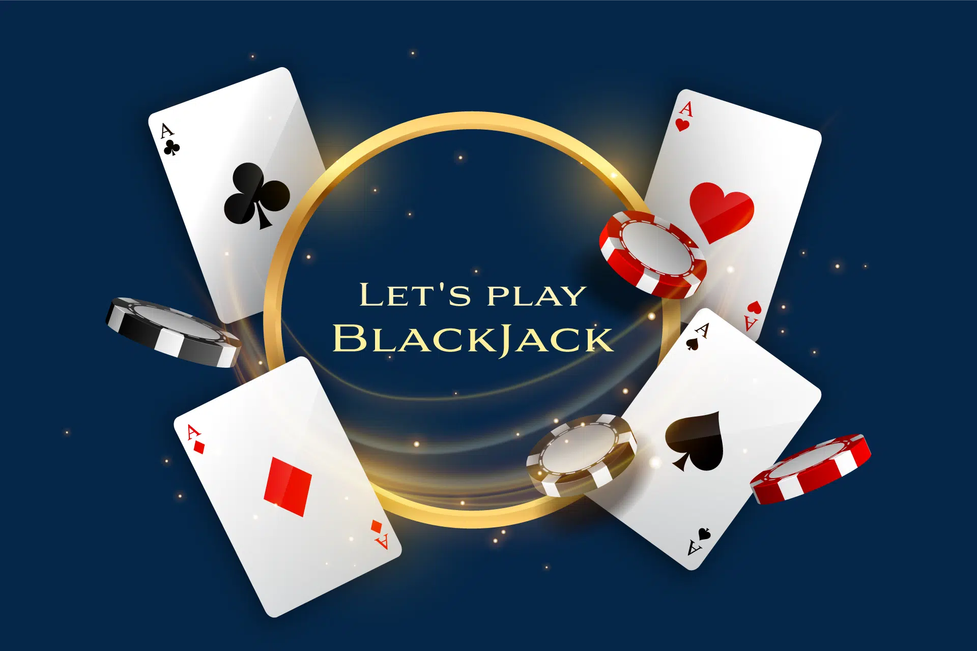 A blue banner with four cards and checkers. It says: Let's play blackjack.