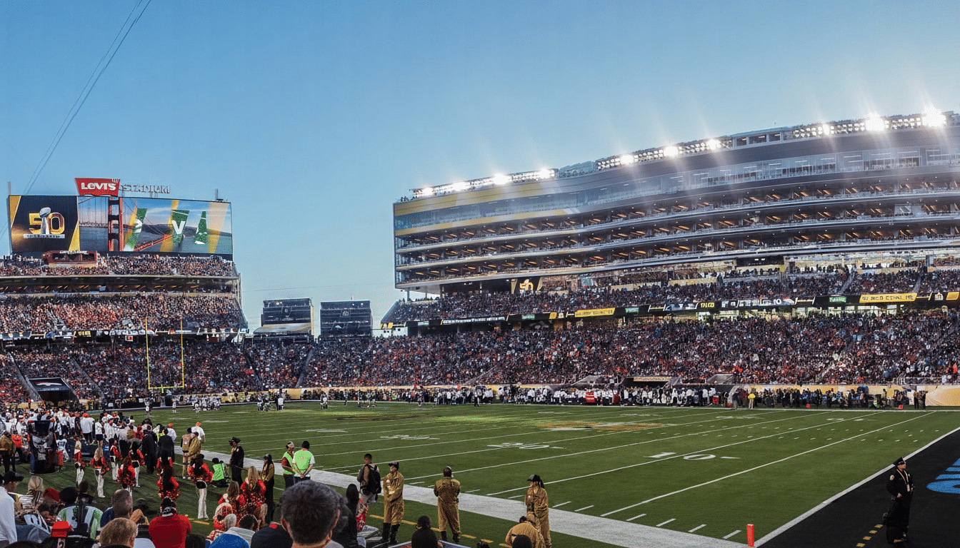 Wide view of Levi’s Stadium in Santa Clara, California, during a football game, showing a packed crowd, the green field with players and staff on the sidelines, large video boards, and stadium lights under a clear blue sky.
