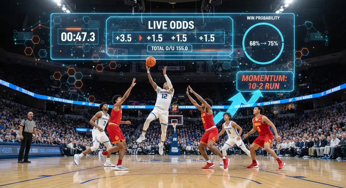 Basketball game with live odds and win probability overlay