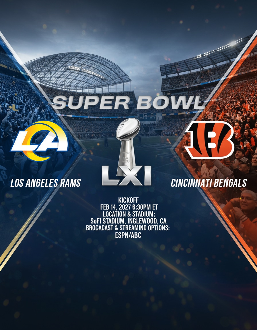 Promotional graphic for Super Bowl LXI showing Los Angeles Rams vs Cincinnati Bengals at SoFi Stadium in Inglewood, California, with kickoff date February 14, 2027, Vince Lombardi Trophy in the center, and team logos with fans in the background.