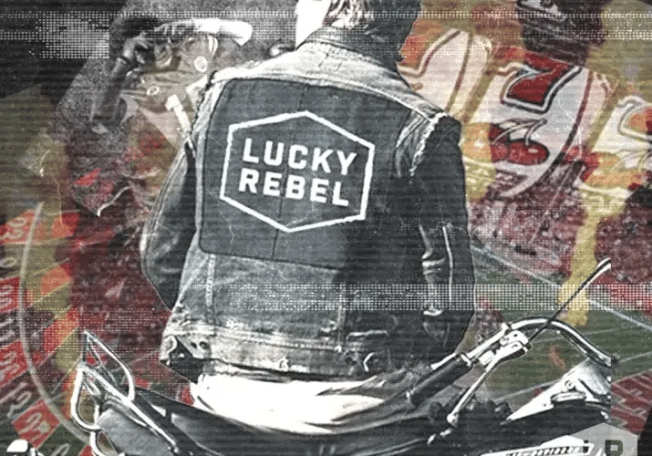 Person in a denim jacket with a Lucky Rebel logo, sitting on a motorcycle in front of a collage featuring roulette wheels and slot machine symbols.