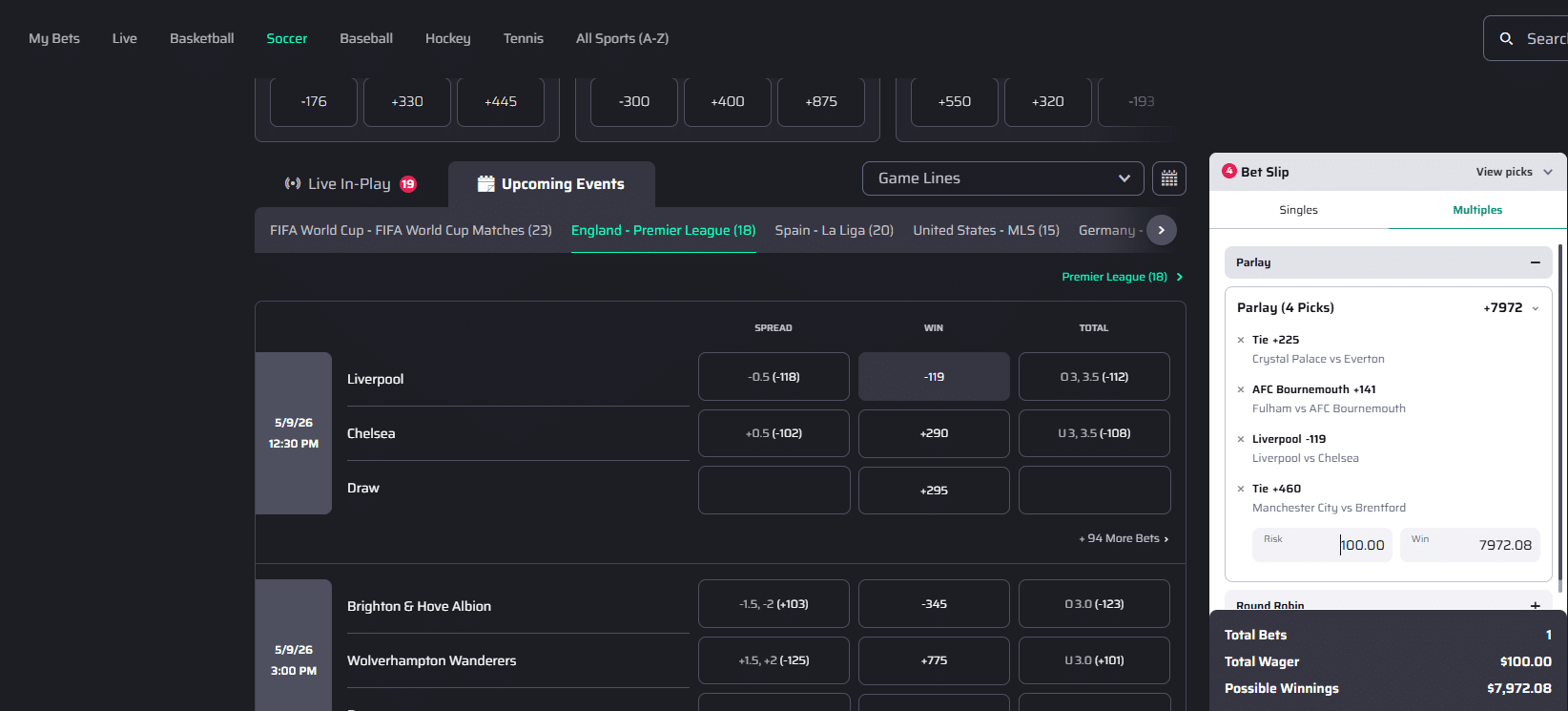 Lucky Rebel sportsbook desktop interface displaying a soccer betting hub for upcoming Premier League matches, featuring game lines for Liverpool vs. Chelsea and other fixtures, with spread, moneyline, and total goals odds, league navigation tabs, live in-play and upcoming events sections, and a bet slip showing a four-pick parlay with projected winnings.