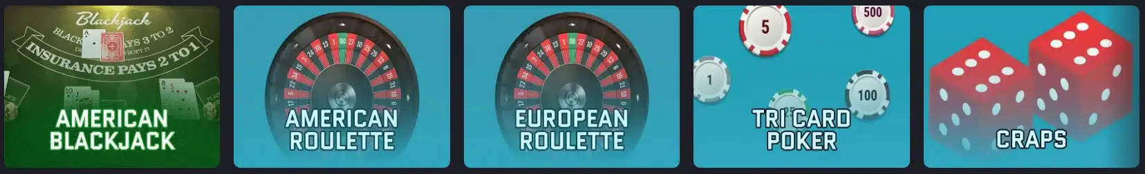 A banner with five type of casino games on the Lucky Rebel casino. The banner show American BlackJack, American Roulette, European Roulette, Tri card poker and Craps