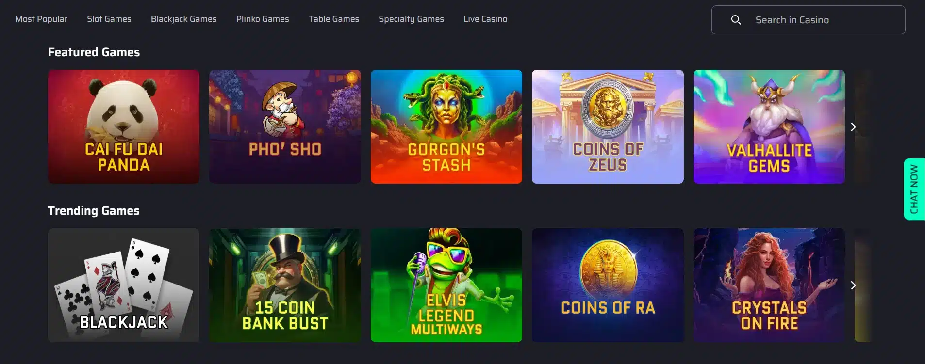 Online casino interface showing featured and trending games including Cai Fu Dai Panda, Pho’ Sho, Gorgon’s Stash, Coins of Zeus, Valhallite Gems, Blackjack, 15 Coin Bank Bust, Elvis Legend Multiways, Coins of Ra, and Crystals on Fire