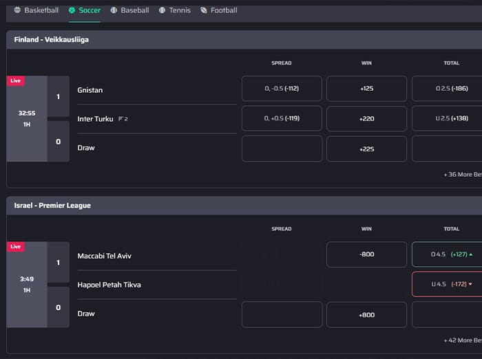 Lucky Rebel sportsbook desktop interface displaying live soccer betting markets for Finland Veikkausliiga and Israel Premier League matches, featuring in-play scores, match timers, spread, moneyline, and total goals odds, with live betting indicators and expanded options for additional wagers.