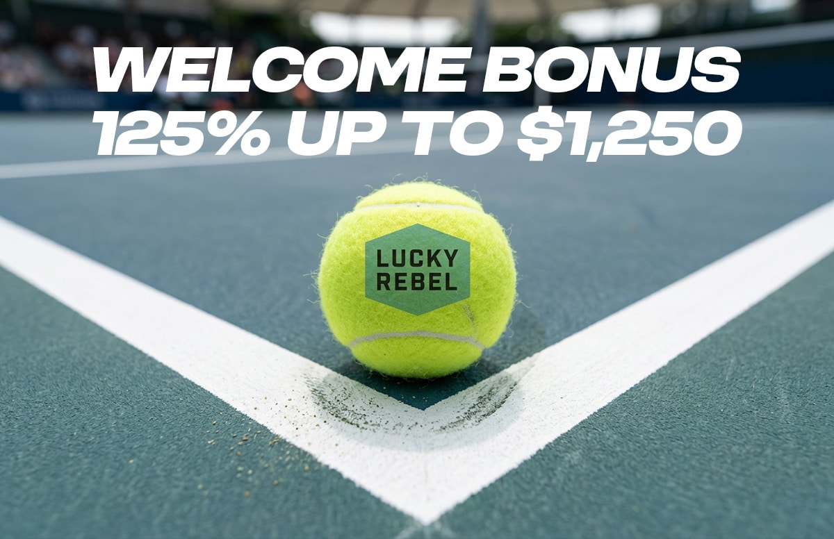Lucky Rebel sportsbook tennis promos banner featuring a tennis ball on a court with the Lucky Rebel logo and promotional text reading “Welcome Bonus 125% Up To $1,250.