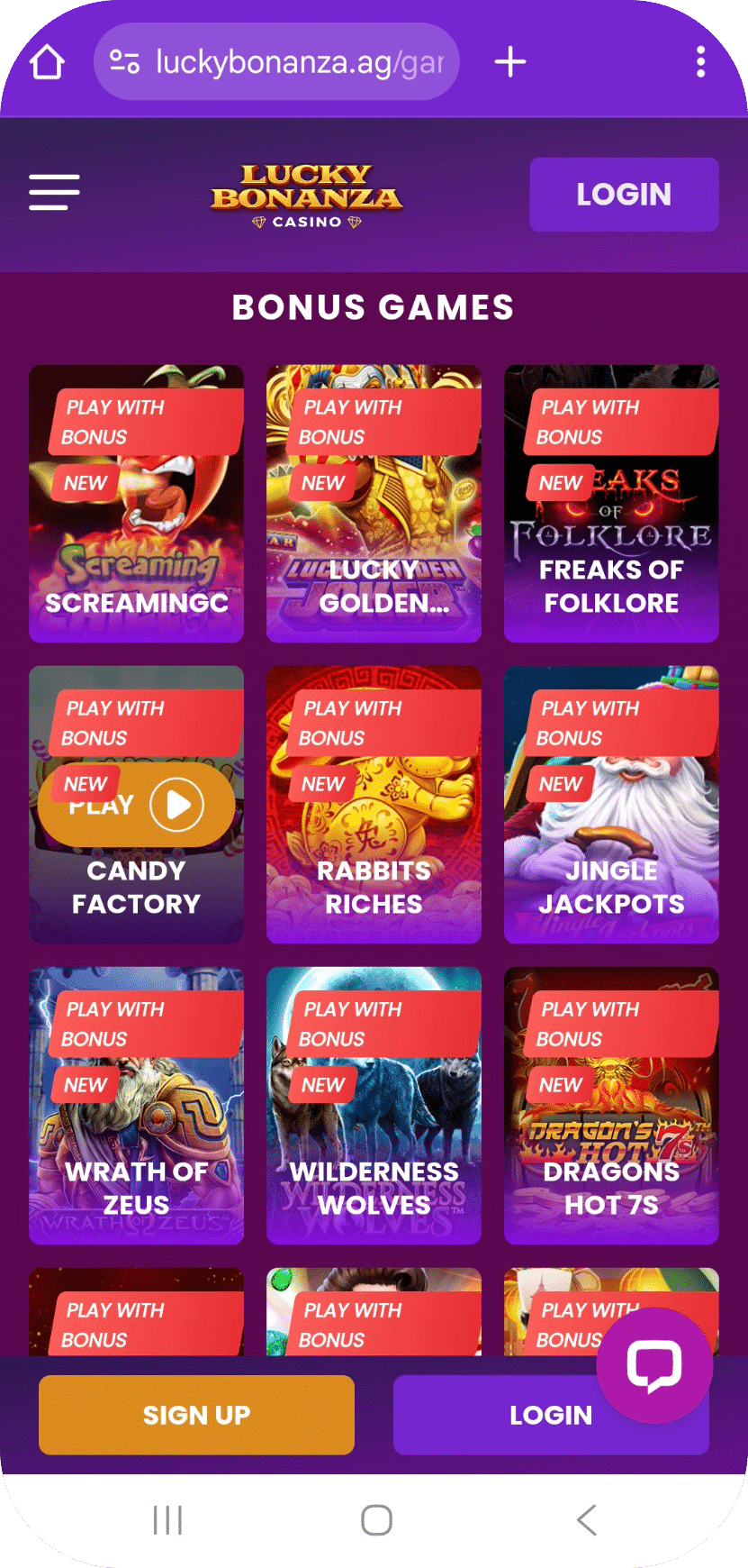 Mobile view of the Lucky Bonanza Casino website showing bonus games. Sign Up and Login buttons appear at the bottom.
