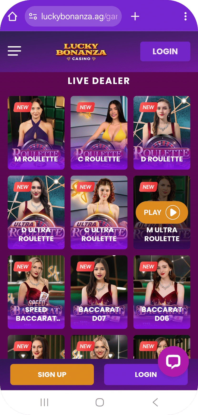 Mobile view of the Lucky Bonanza Casino website showing live dealer games. Sign Up and Login buttons appear at the bottom.