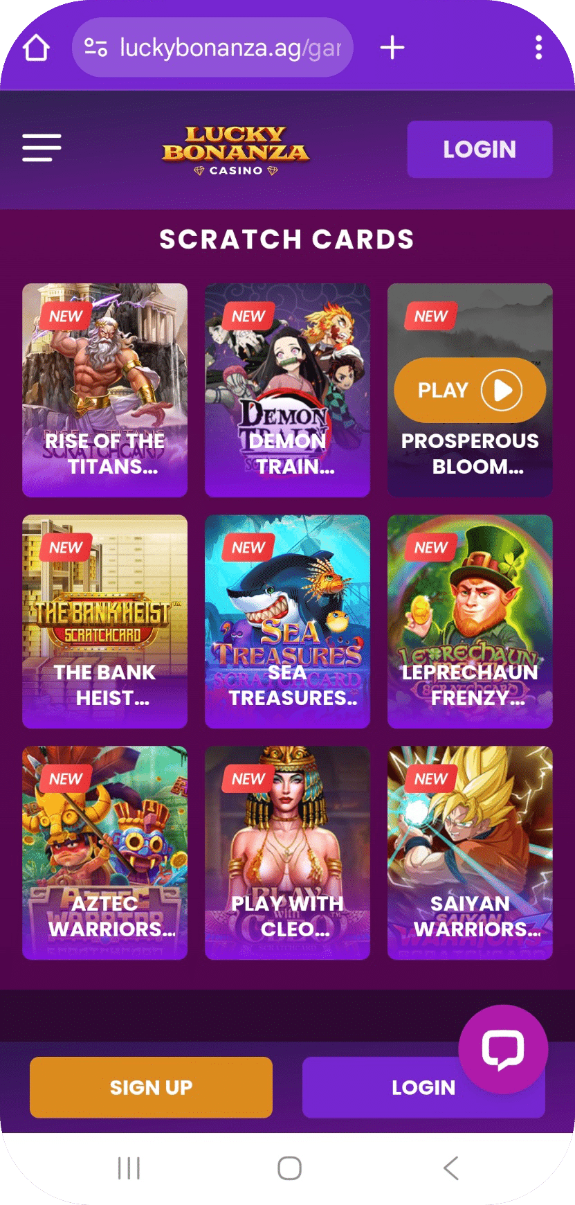 Mobile view of the Lucky Bonanza Casino website showing scratch card games. Sign Up and Login buttons appear at the bottom.