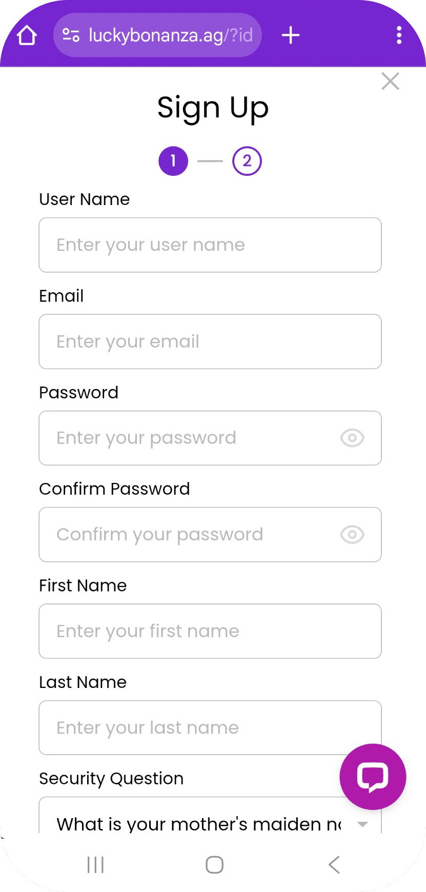 Mobile screen displaying the Lucky Bonanza Casino sign-up form with fields for username, email, password, confirm password, first name, last name, and a security question.