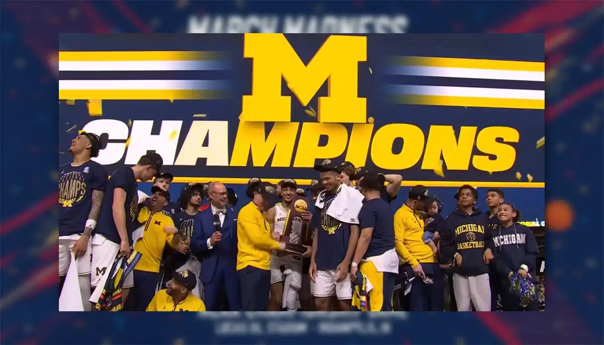 An image of the Michigan team winning the 2026 March Madness tournament