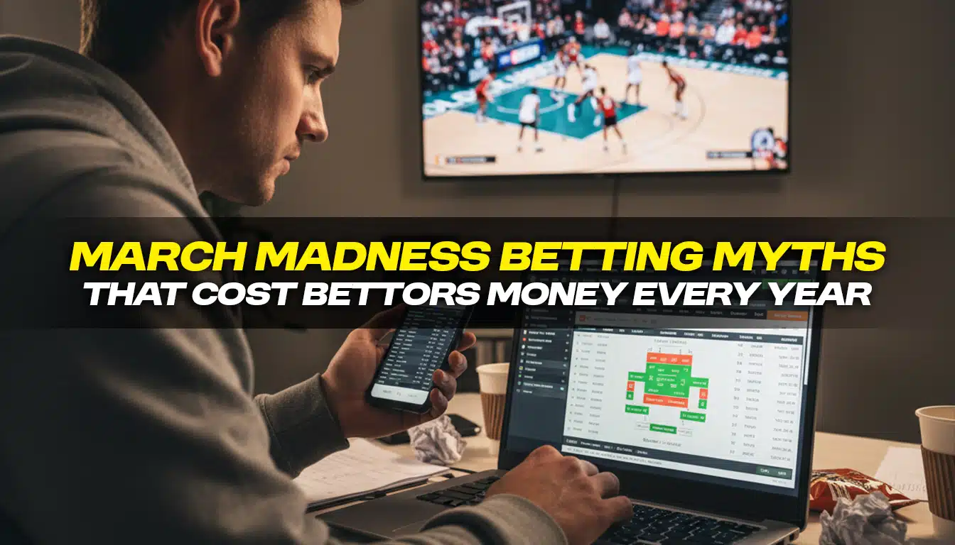 Man analyzing March Madness basketball game while checking betting odds on a phone and laptop.