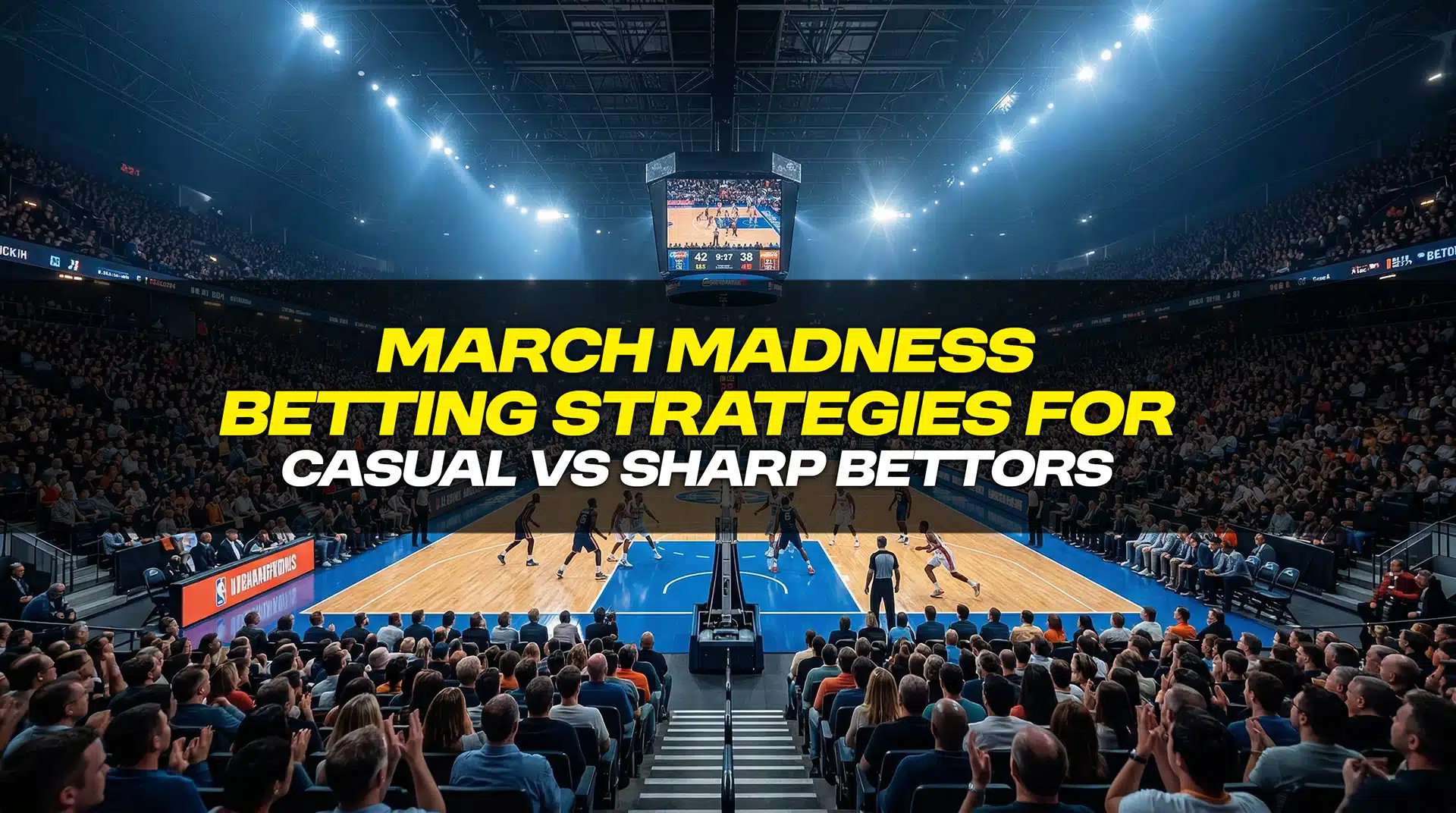 March Madness basketball arena with text about betting strategies for casual vs sharp bettors