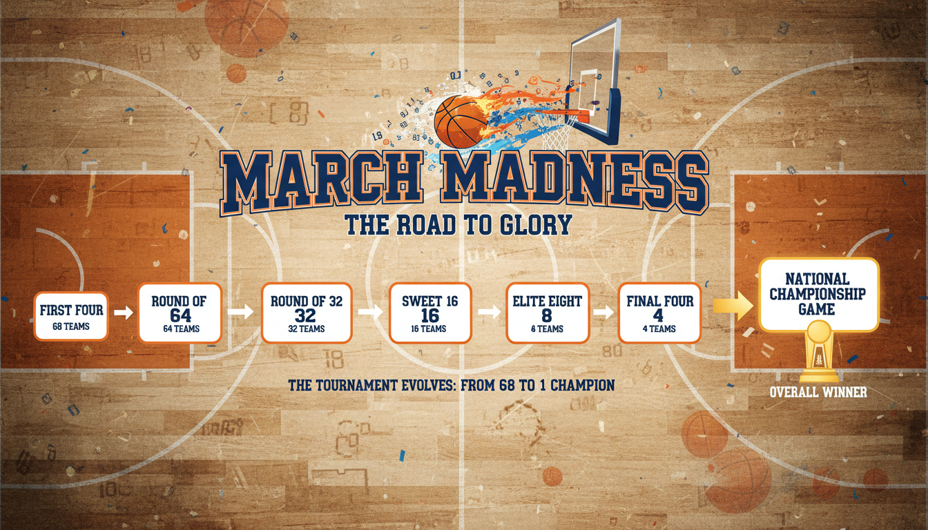 March Madness format infographic showing rounds from 68 teams to 1 champion