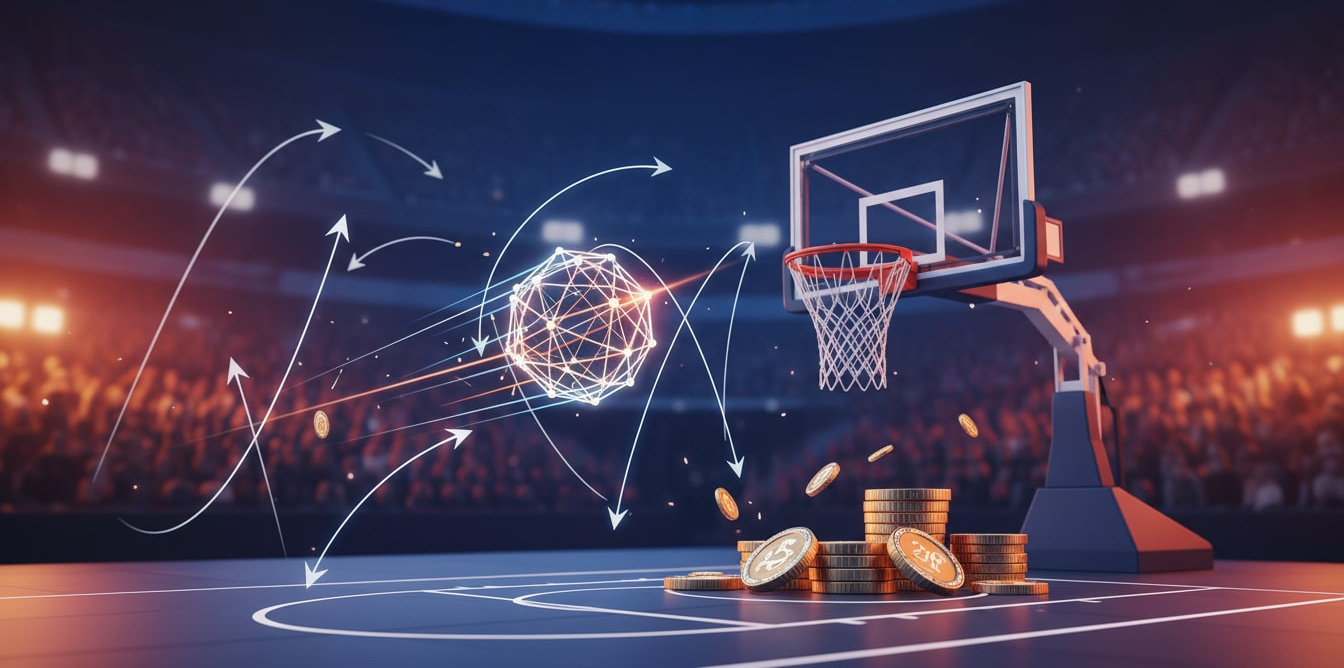 Basketball analytics concept graphic with motion arrows and coins