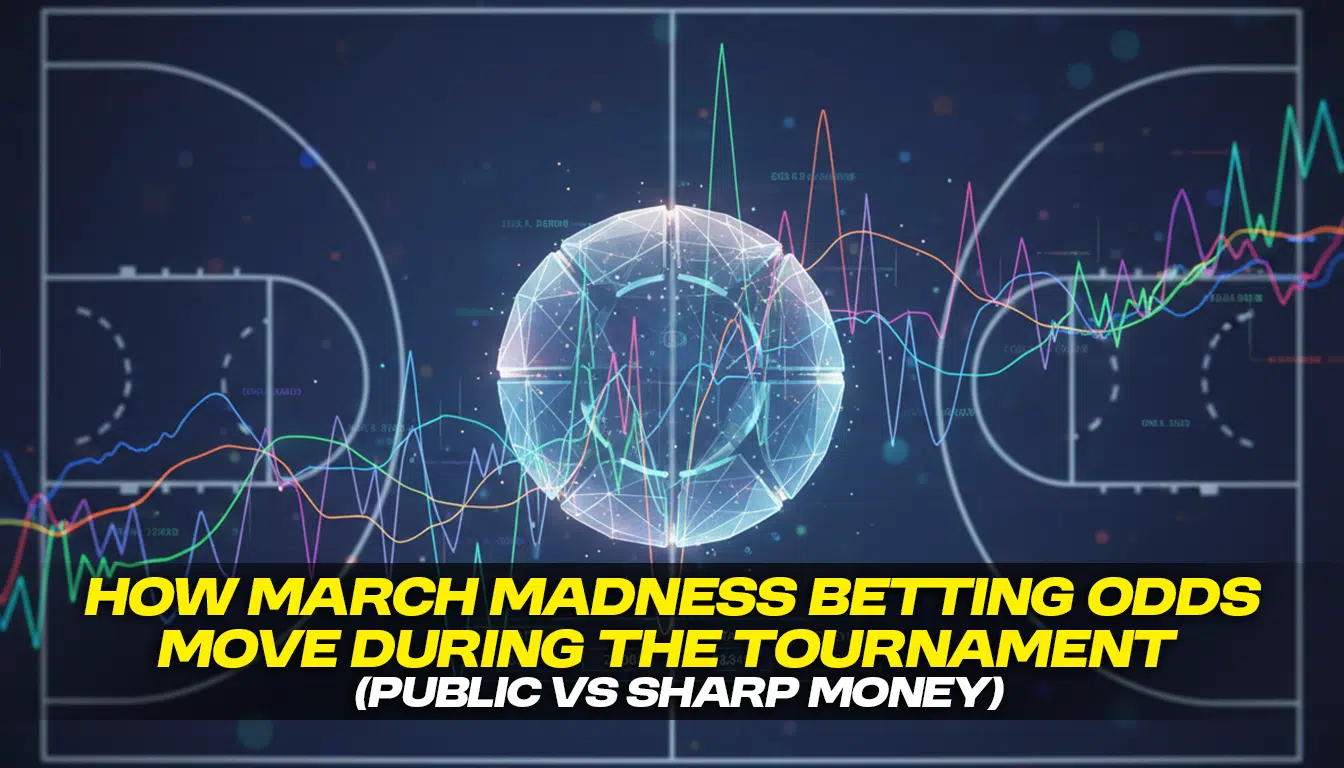Graphic of basketball court with data lines showing March Madness odds shifts