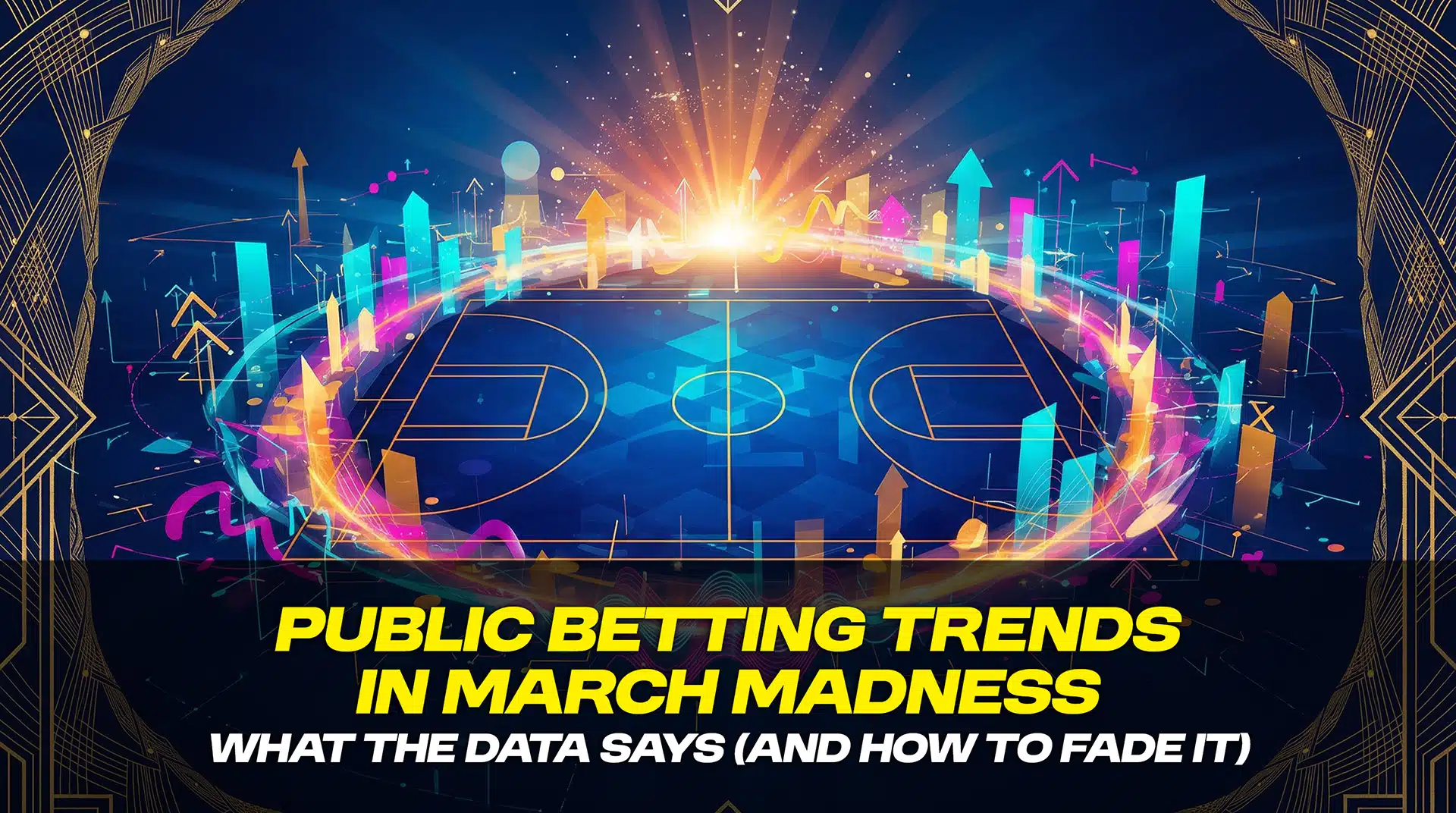 Colorful basketball court graphic with rising charts and arrows showing March Madness trends.
