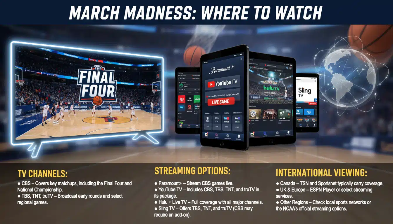 Where to watch March Madness graphic showing CBS/TBS/TNT/truTV and streaming options