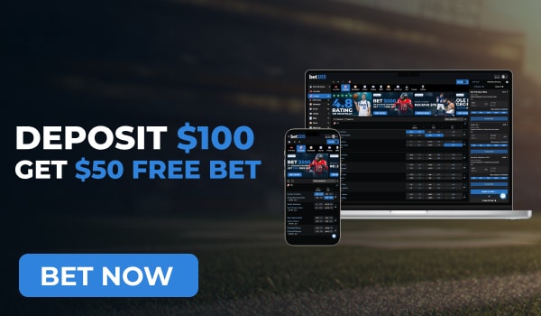 Bet105 sportsbook promo showing deposit $100 get $50 free bet on mobile and laptop devices