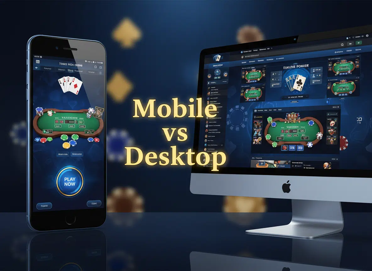 Mobile phone showing an online casino poker game next to a desktop computer displaying an online poker casino page, with the text ‘Mobile vs Desktop’ in yellow on a blue background.