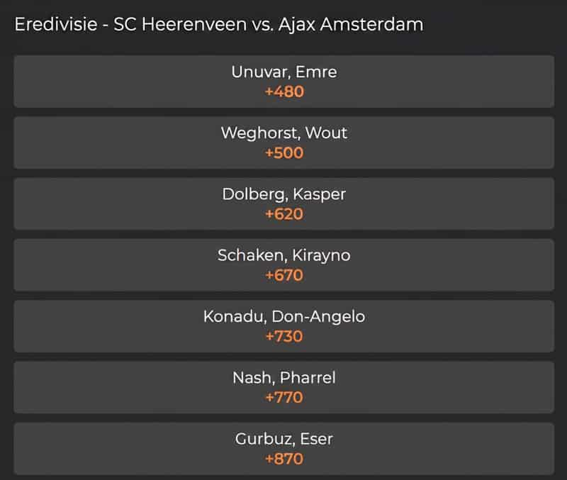 MyBookie screenshot listing Eredivisie player props for Heerenveen vs Ajax with odds by name.