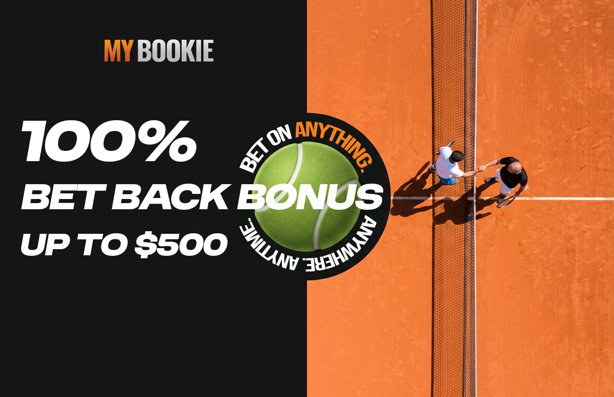 MyBookie sportsbook tennis promo banner featuring an overhead view of two tennis players shaking hands at the net beside bold promotional text reading “100% Bet Back Bonus Up To $500”