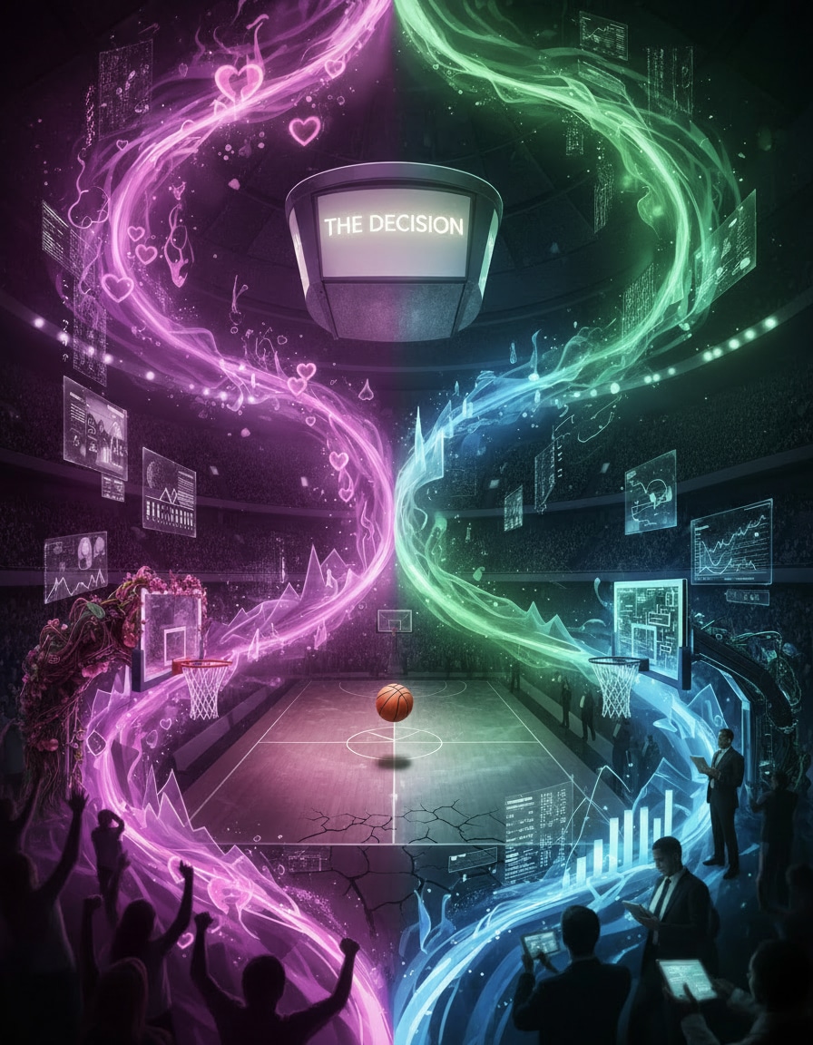 Illustration of a basketball court and many people around. Waves in different colors divide the screen.