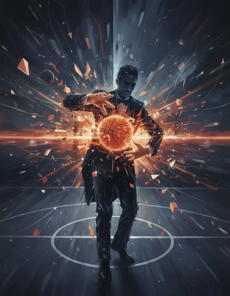 Abstract magician on a basketball court, hands in motion, performing a trick with a basketball.
