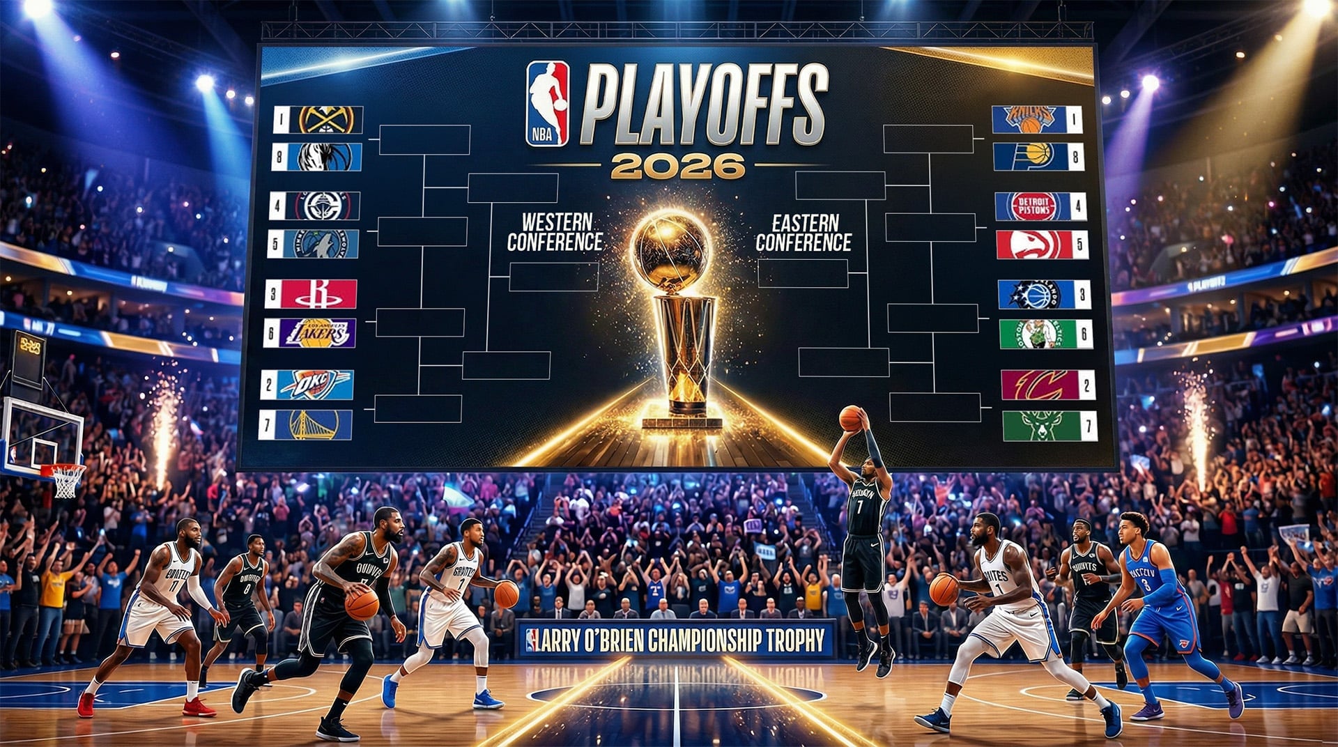 NBA Playoffs 2026 bracket with teams, championship trophy, and players on court scene