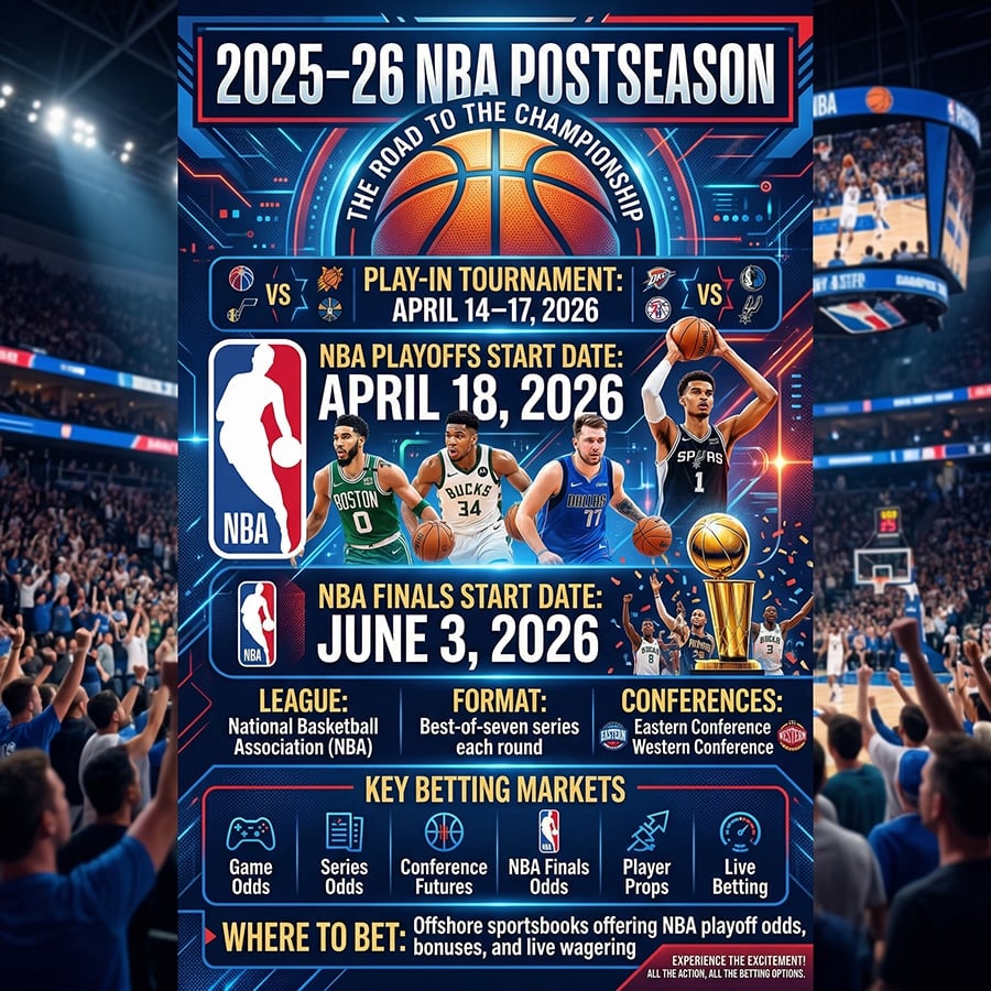 Poster for the 2025–26 NBA postseason with key dates, players, and playoff betting markets.