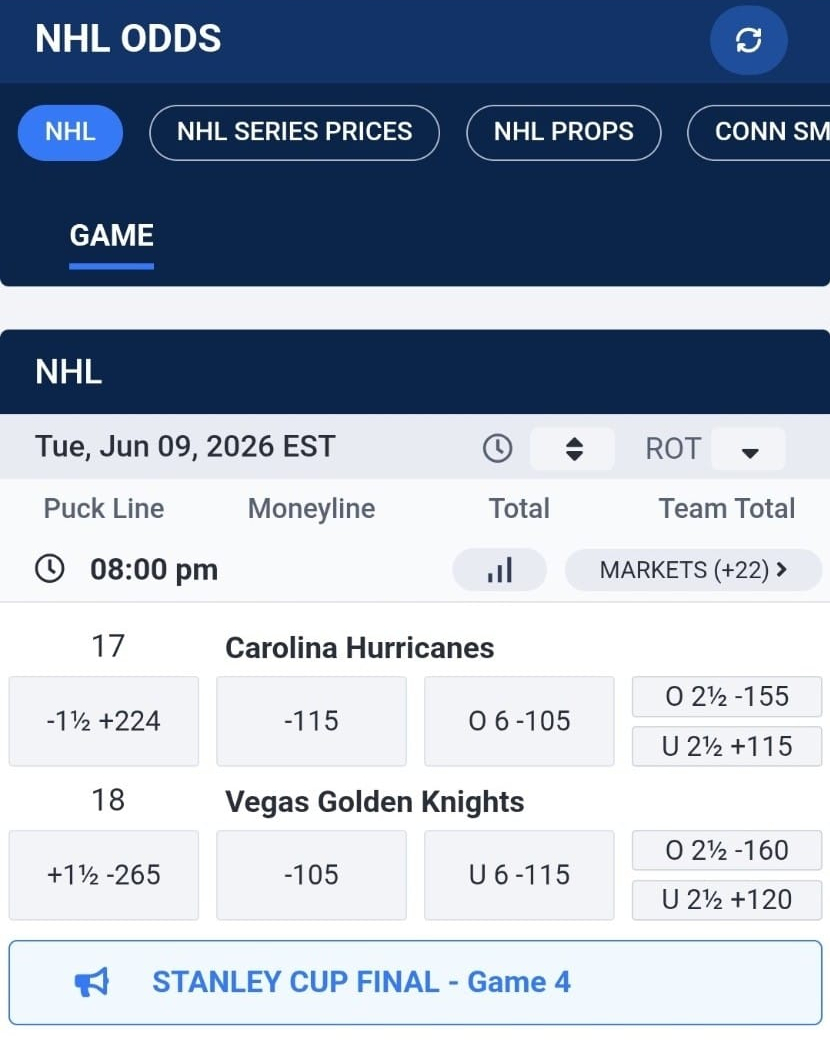A screenshot of the NHL betting site BetUS’s sportsbook UI and odds for an ice hockey game.