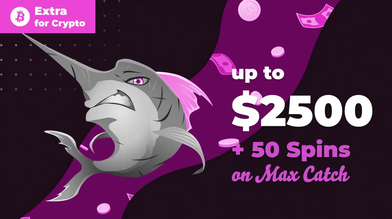 A banner with a gray shark and purple graphics offering a bonus - up to $2500