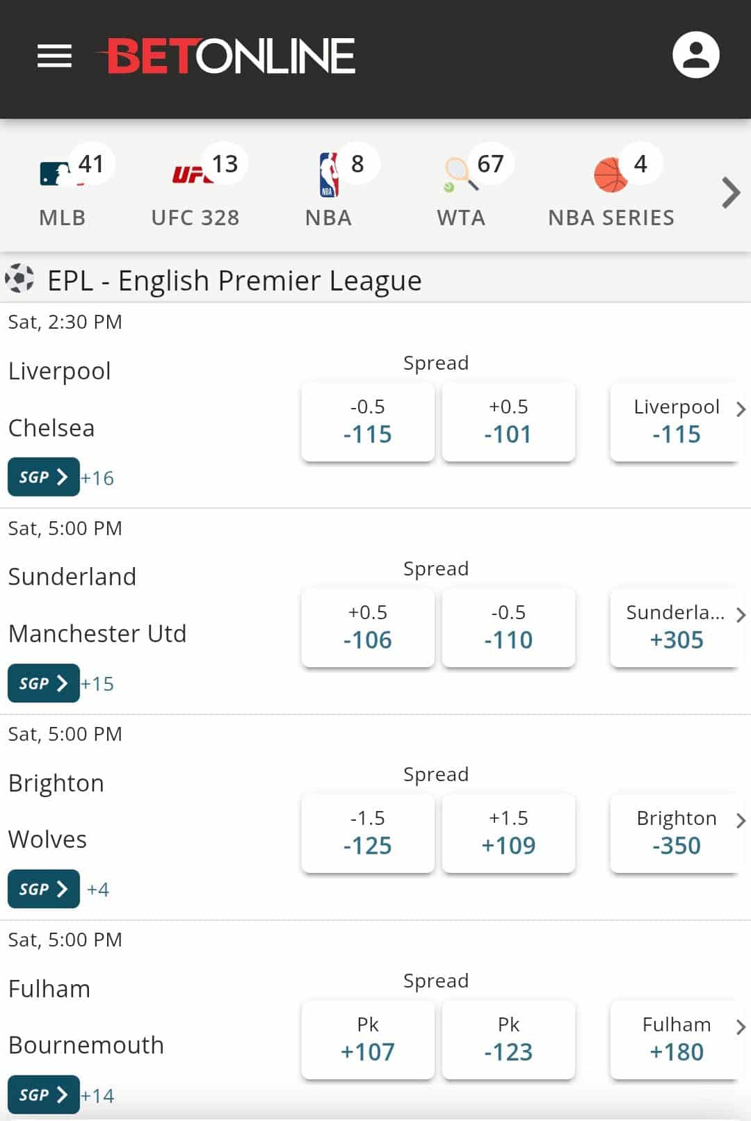 BetOnline screenshot of the Premier League odds