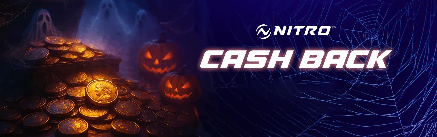 Halloween-themed Nitro Cash Back banner featuring glowing jack-o’-lanterns, gold coins, and ghostly figures with spider webs in the background.