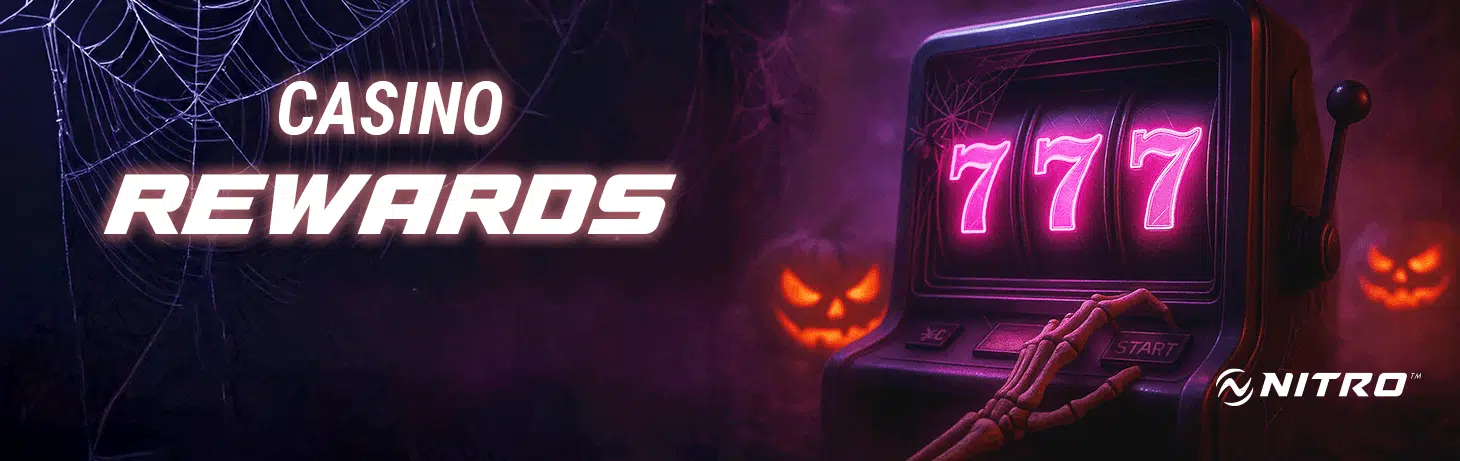 Halloween-themed Nitro Casino Rewards banner featuring a skeleton hand pulling a slot machine lever showing triple sevens, with glowing jack-o’-lanterns and spider webs in the background.