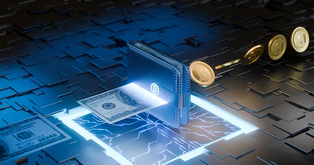 Digital wallet with Bitcoin coins and US dollars symbolizing cryptocurrency transactions and online payments on a futuristic background.