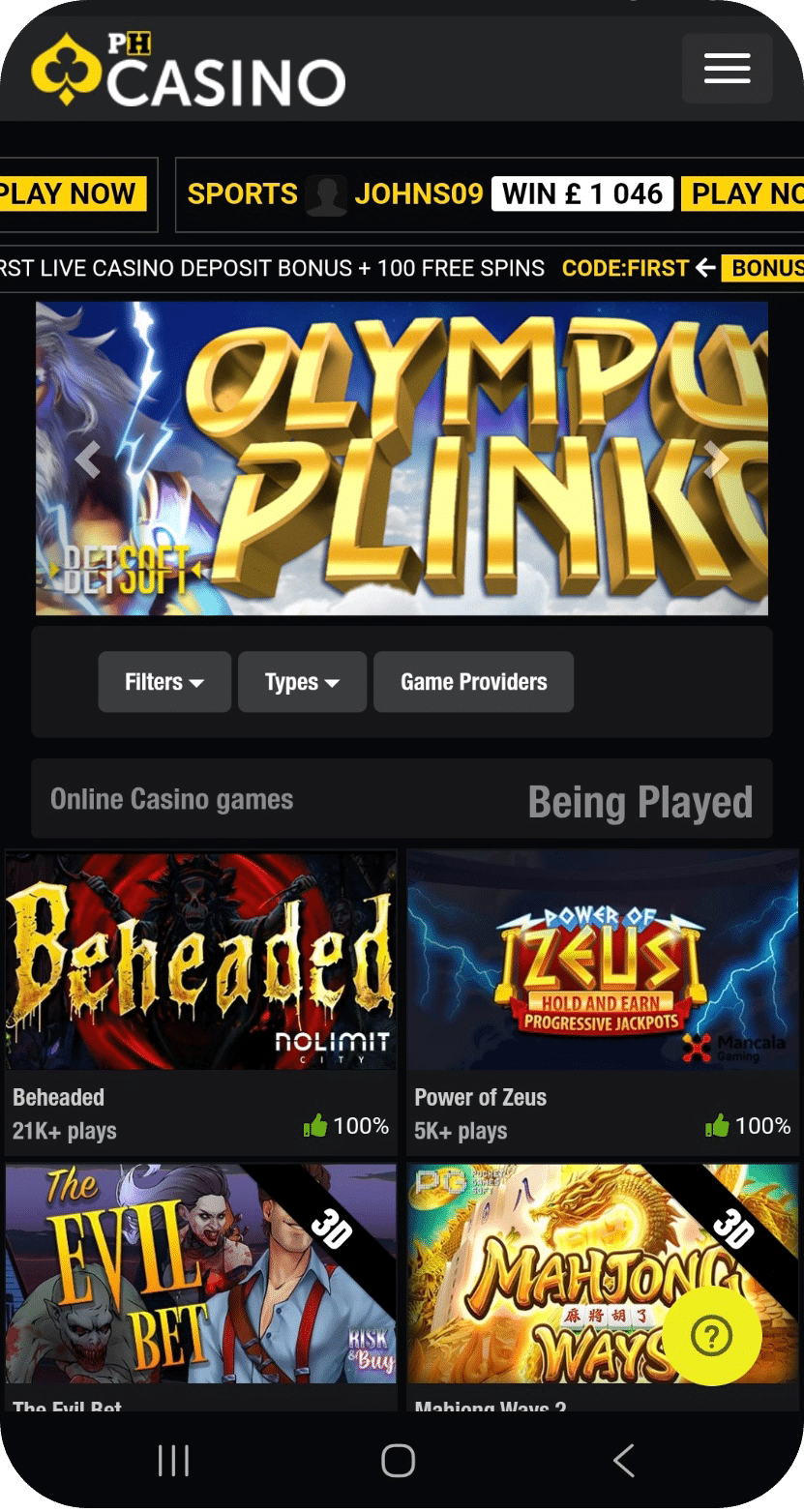 Mobile screenshot of the PH Casino website showing online casino games. The header displays the PH Casino logo, a user named ‘JOHNS09,’ and a win amount of £1,046. Promotional banners advertise bonuses and free spins. Featured game titles include ‘Olympus Plinko,’ ‘Beheaded,’ ‘Power of Zeus,’ ‘The Evil Bet,’ and ‘Mahjong Ways 2.’ Buttons for filters, game types, and providers are visible above the game selection area.