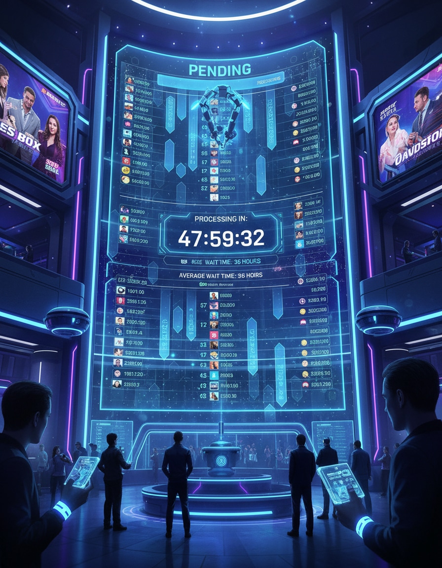 A futuristic control room with a massive glowing digital screen labeled “PENDING,” showing rankings, icons, and data columns around a central humanoid robot graphic. A large countdown timer reads “Processing in: 47:59:32,” with notes about average wait time. People stand below and around the display, some holding transparent tablets, while additional illuminated panels line the walls, creating a high-tech, sci-fi atmosphere.