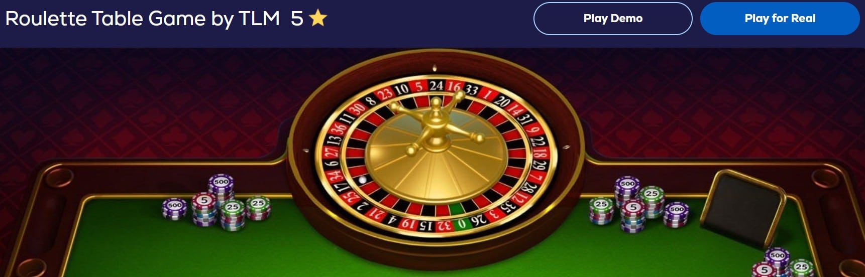 Banner of an online roulette game that has demo and live play buttons