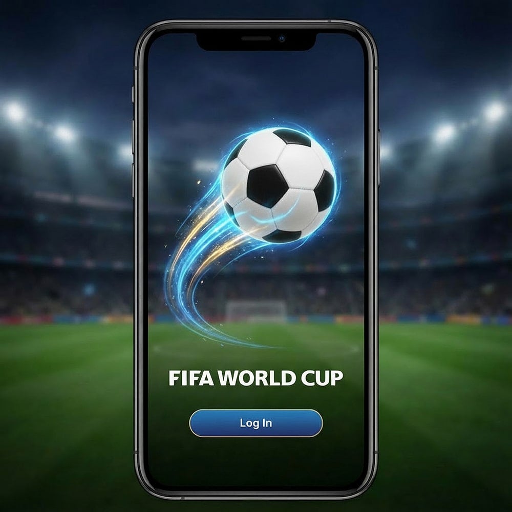 Smartphone displaying FIFA World Cup app login screen with glowing football on stadium background
