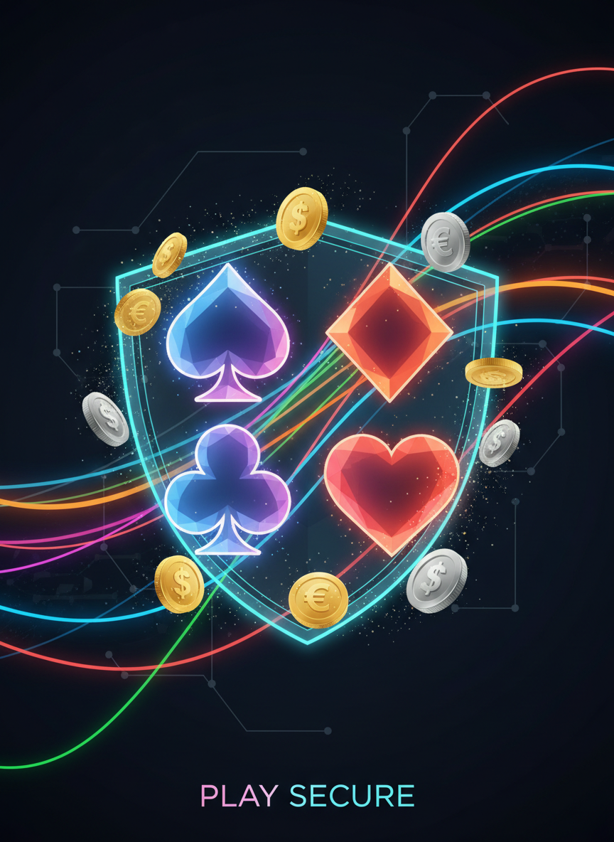 Secure online casino graphic with card suit symbols on a shield and digital currency coins.