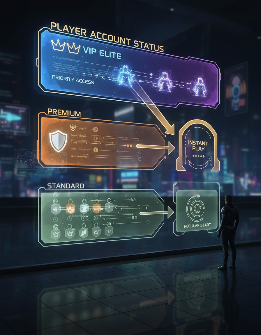 A futuristic digital dashboard titled “Player Account Status” displayed in a high-tech room. Three horizontal tiers compare account levels: “VIP Elite” with crowns and priority access leading to “Instant Play,” “Premium” with shield icons and accelerated progress, and “Standard” with basic icons leading to “Regular Start.” Glowing arrows show progression advantages between tiers, while a lone person stands on the right, viewing the holographic interface.
