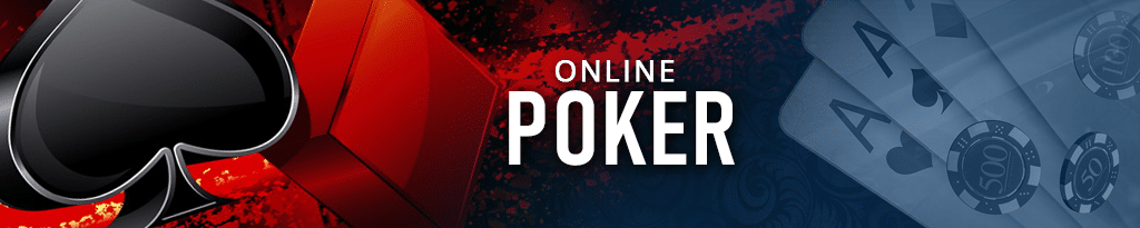 Online poker banner featuring a large black spade symbol, red geometric shapes, and a fan of playing cards with poker chips.