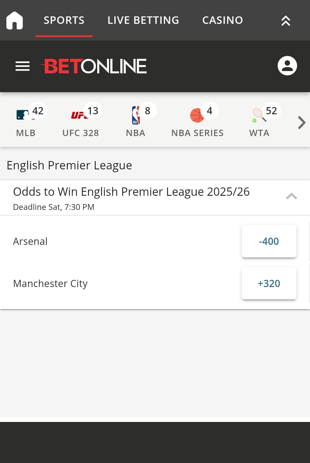 A screenshot of the Premier League betting odds on the BetOnline website