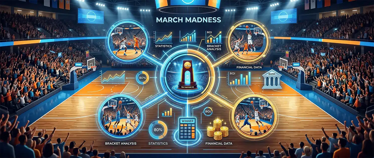 March Madness basketball arena infographic showing stats, bracket analysis, and betting ROI.