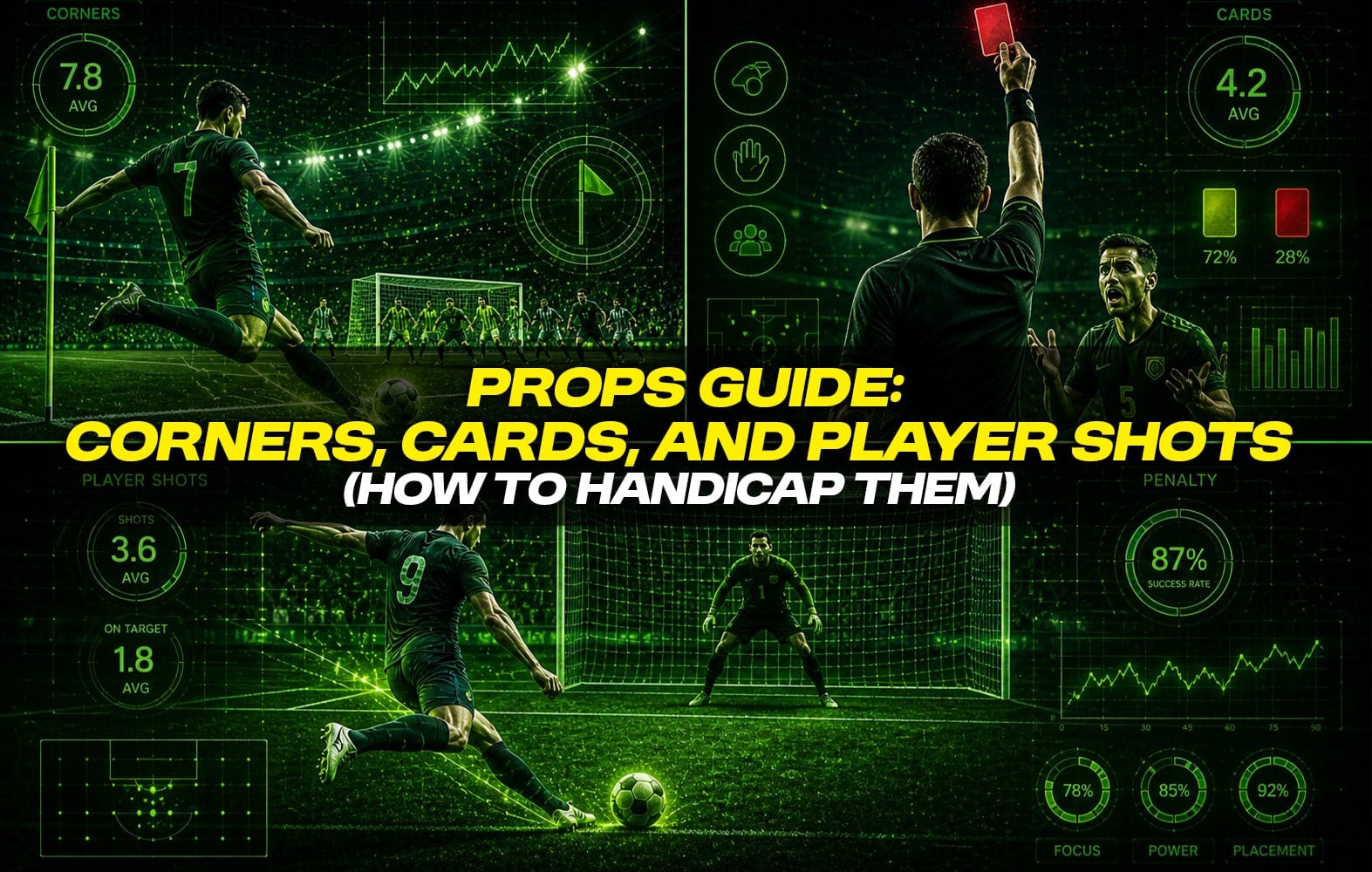A futuristic neon green composition divided into three parts: a football player taking a corner kick, a referee showing a red card to a player, and in the lower part a football player taking a penalty kick against a goalkeeper, with the caption "Props Guide: Corners, Cards, and Player Shots (How to Handicap Them