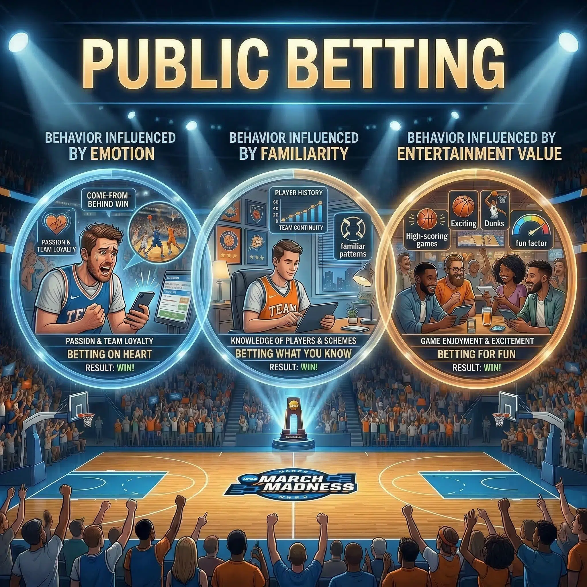 An illustration representing betting behaviour influenced by emotion, behaviour influenced by familiarity, and behaviour influenced by entertainment value. 