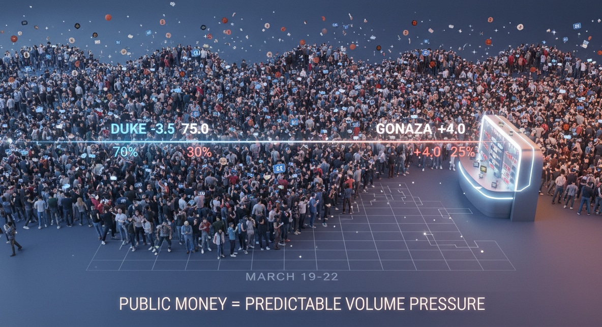 Large crowd split by betting percentages and public money pressure